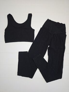 Aerie Black Ribbed Sports Bra and High-Waist Leggings Set XS
